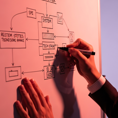 Technische innovatie uitleggen met schema op whiteboard, voorbeeld van technische content schrijven voor duurzame bouwinnovaties.